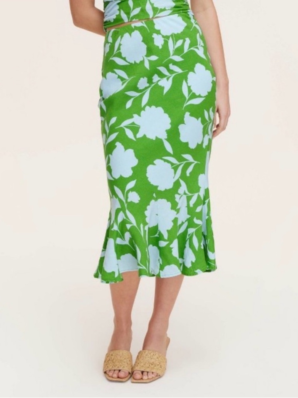 Kare Spade X Target Green Floral Midi Skirt with Light Blue Print Sz L NWOT